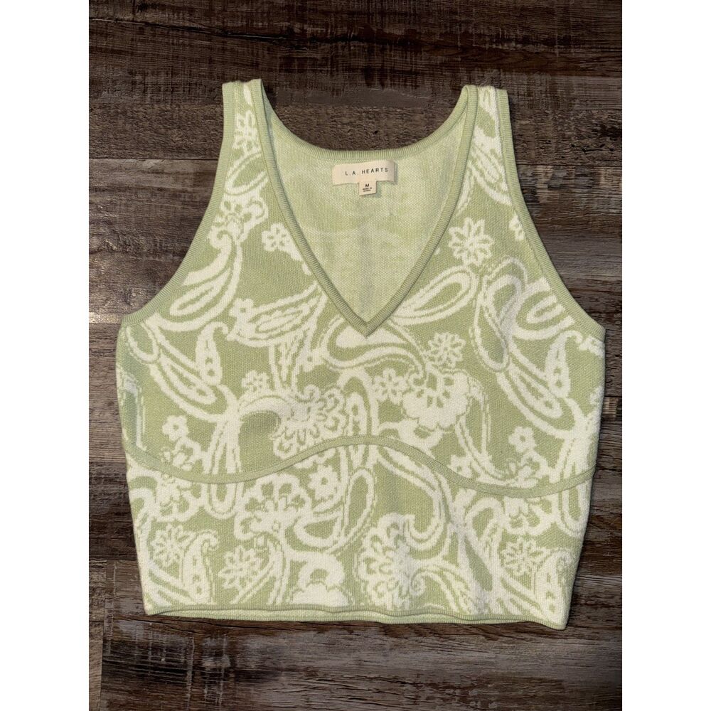 Pacsun LA Hearts Green White Paisley V Neck Cropped Tank Top Medium